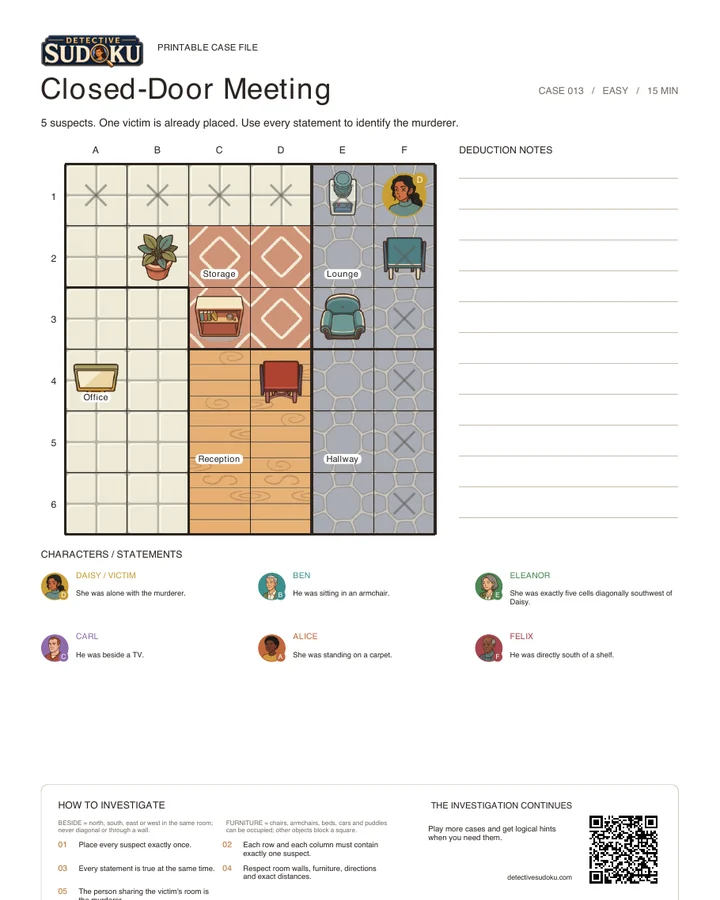 Preview of Closed-Door Meeting printable murder Sudoku case