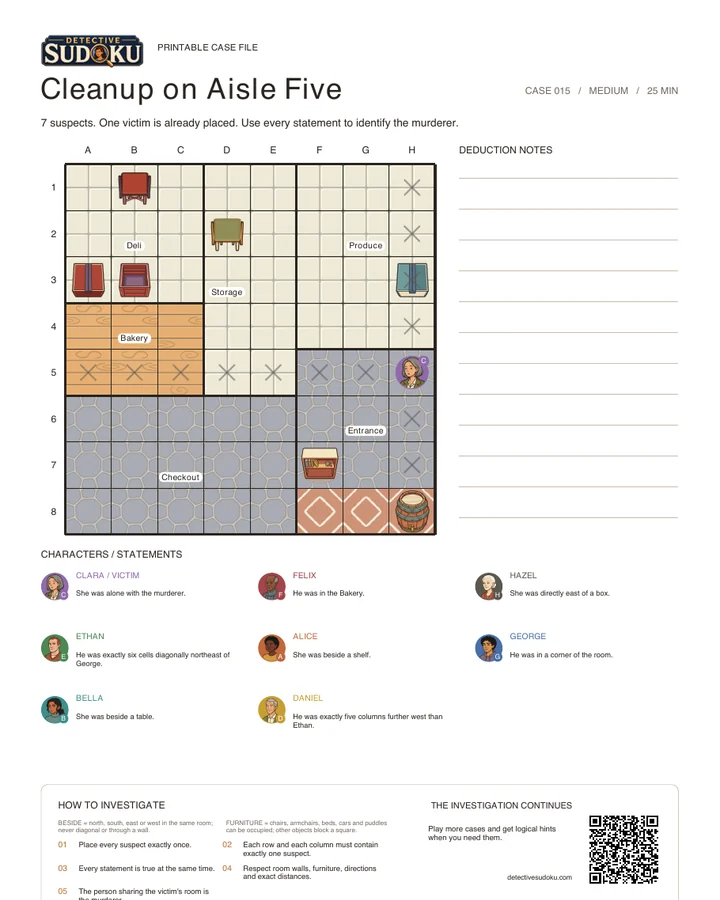 Preview of Cleanup on Aisle Five printable murder Sudoku case