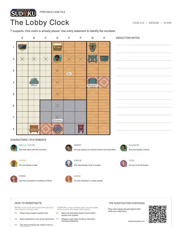 Preview of The Lobby Clock printable murder Sudoku case