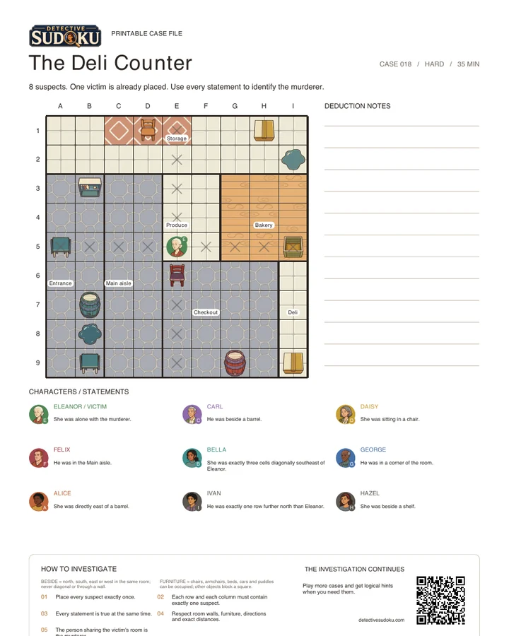 Preview of The Deli Counter printable murder Sudoku case