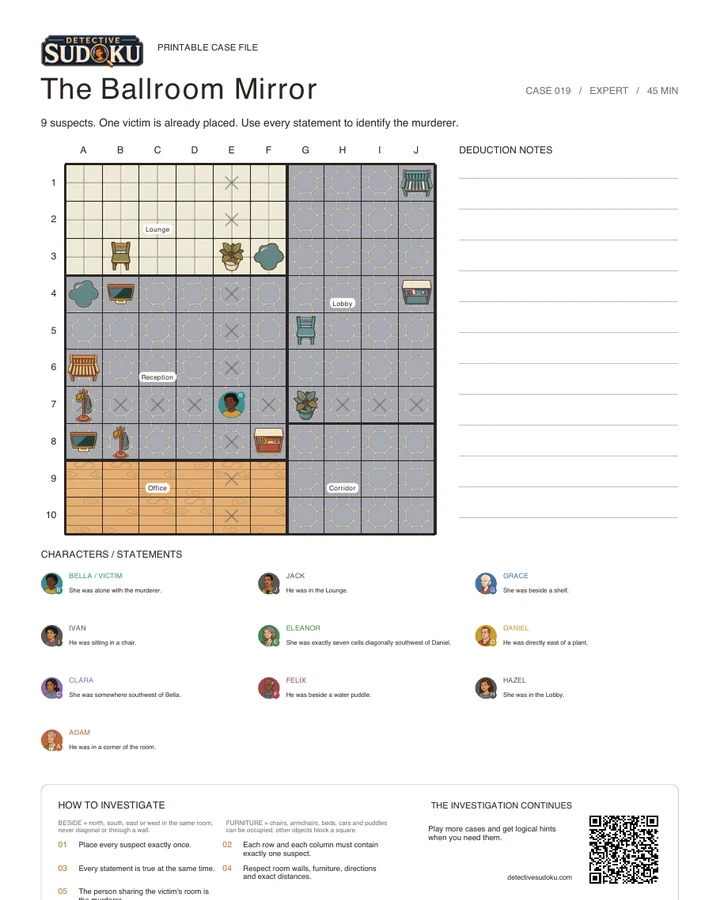 Preview of The Ballroom Mirror printable murder Sudoku case