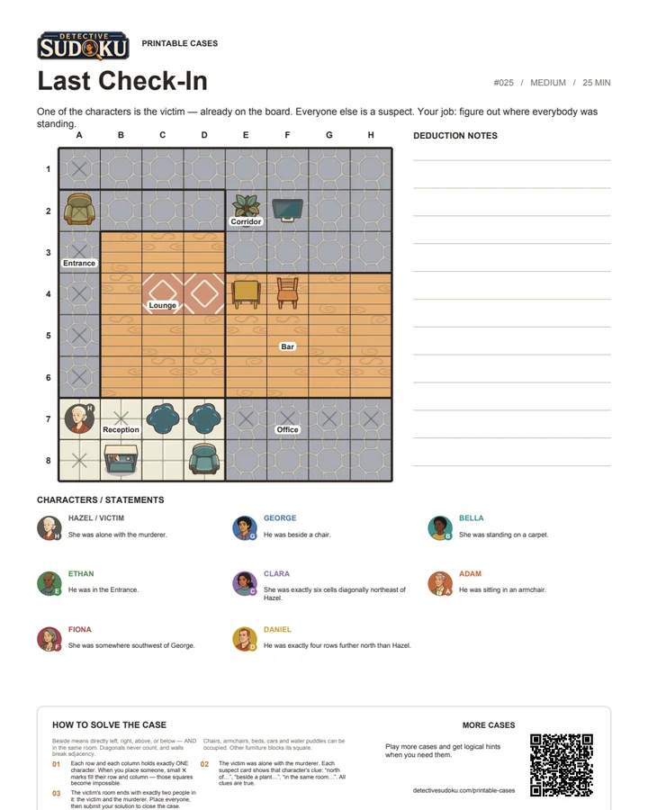 Preview of Last Check-In printable murder Sudoku case