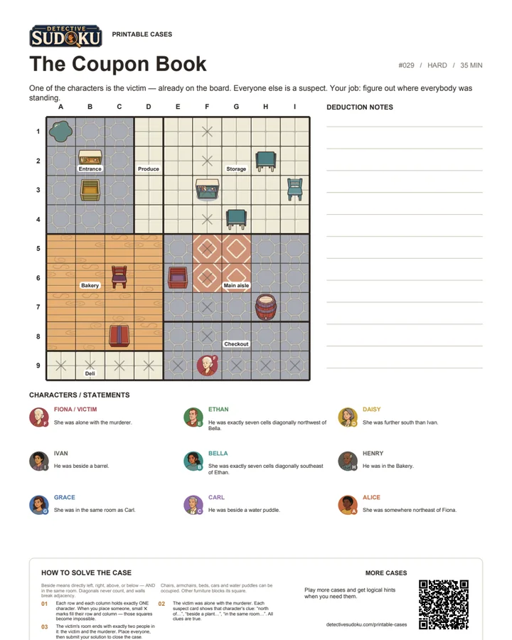 Preview of The Coupon Book printable murder Sudoku case