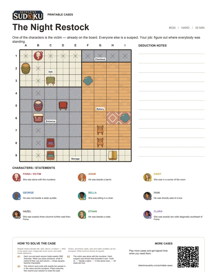 Preview of The Night Restock printable murder Sudoku case