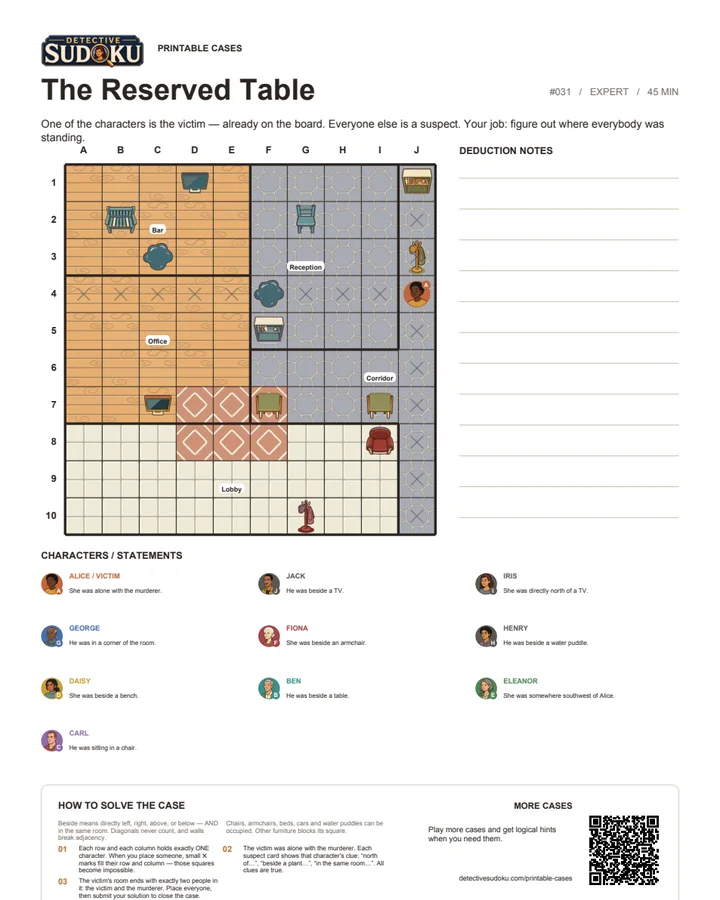 Preview of The Reserved Table printable murder Sudoku case